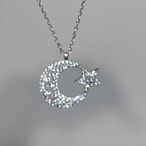 Brilliant Crystal 925 Sterling Silver Moon & Star Necklace Turkish Flag